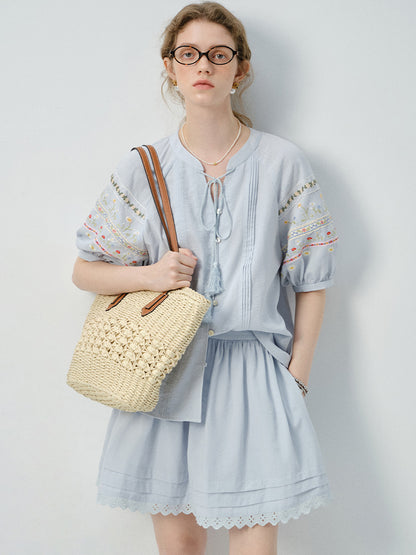 Floral-Embroidered Balloon-Sleeve Blouse & Matching Skirt