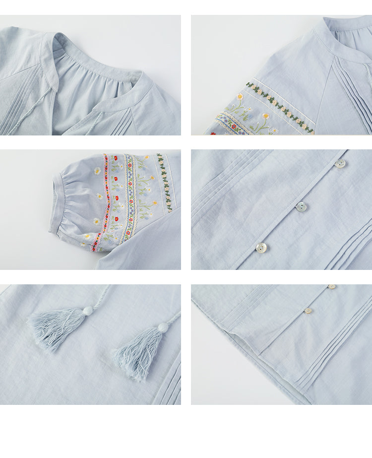 Floral-Embroidered Balloon-Sleeve Blouse & Matching Skirt