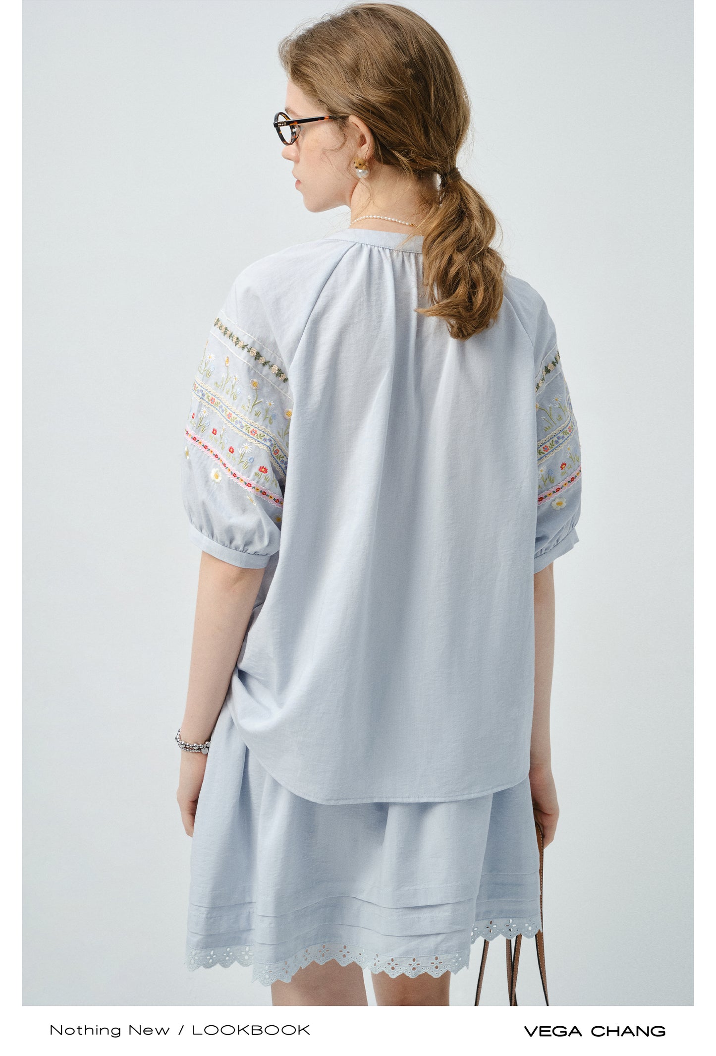 Floral-Embroidered Balloon-Sleeve Blouse & Matching Skirt