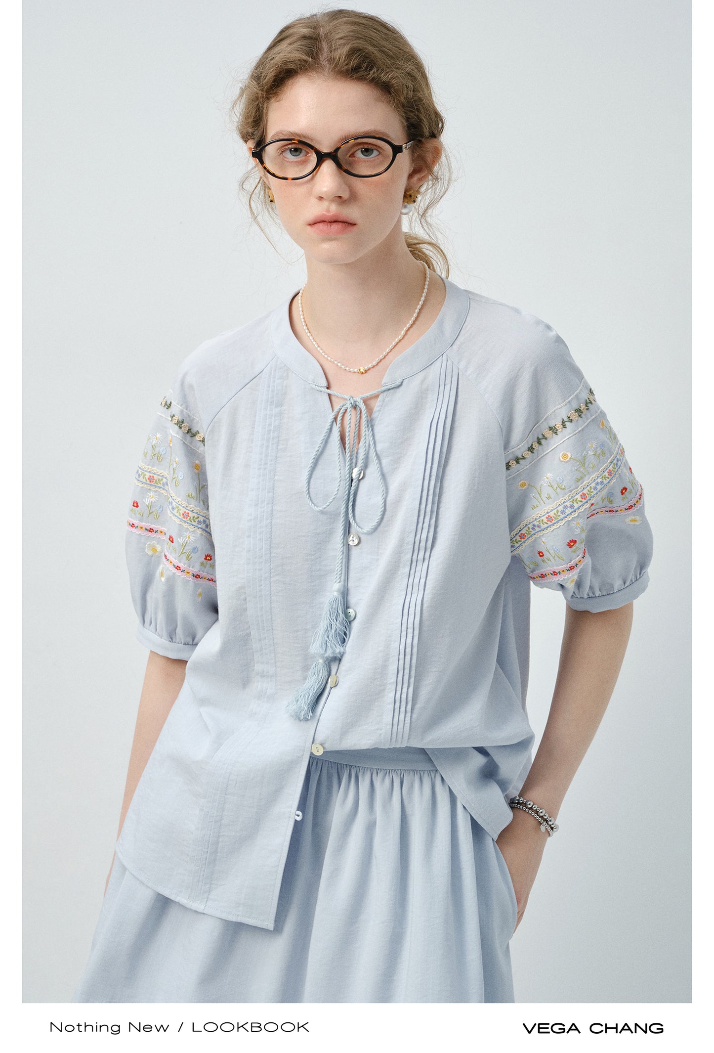 Floral-Embroidered Balloon-Sleeve Blouse & Matching Skirt