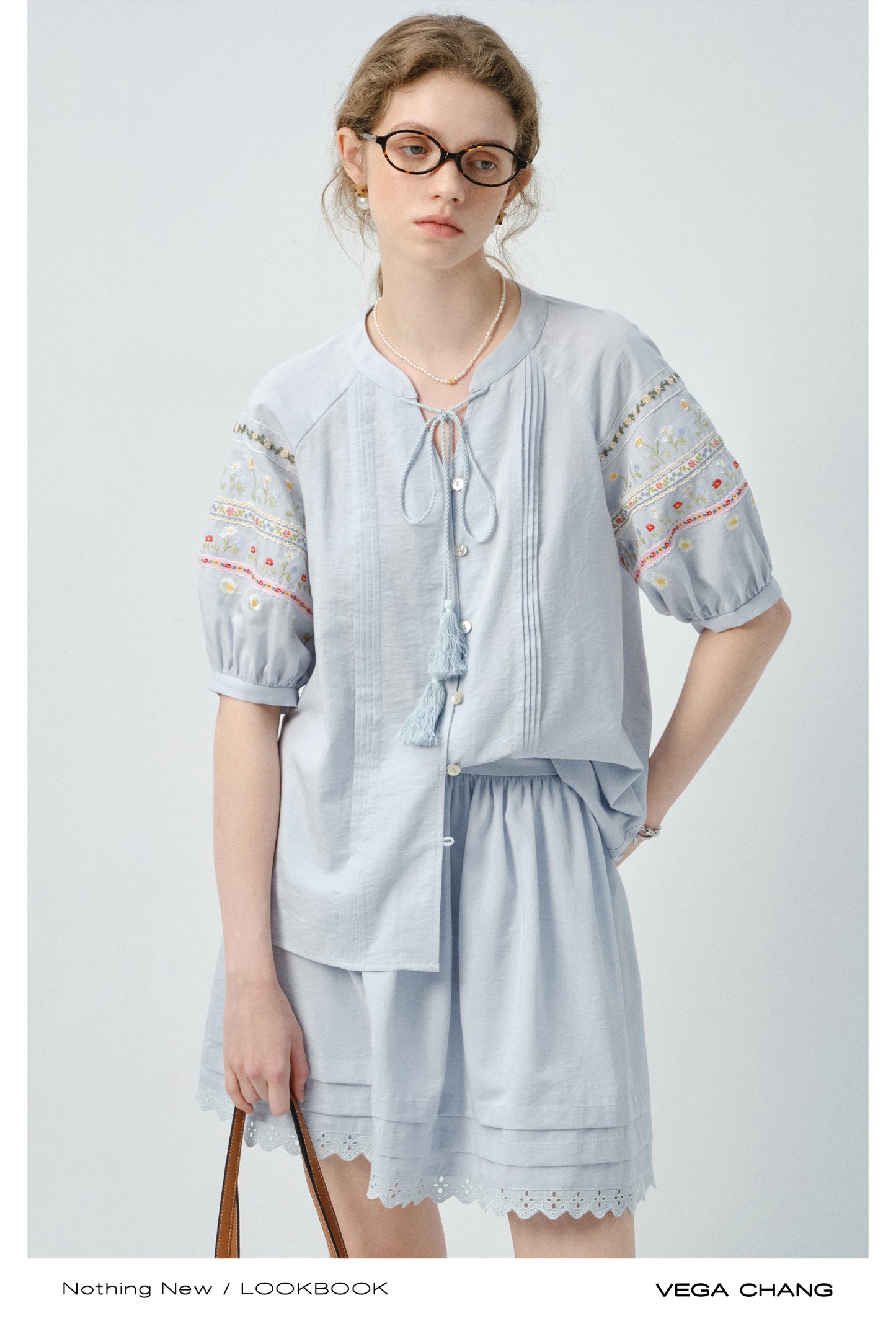 Floral-Embroidered Balloon-Sleeve Blouse & Matching Skirt