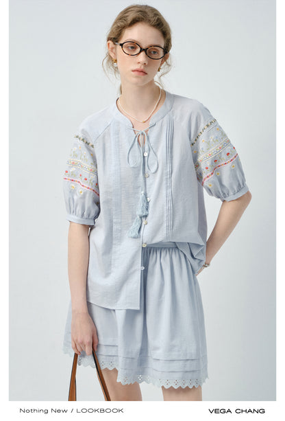 Floral-Embroidered Balloon-Sleeve Blouse & Matching Skirt