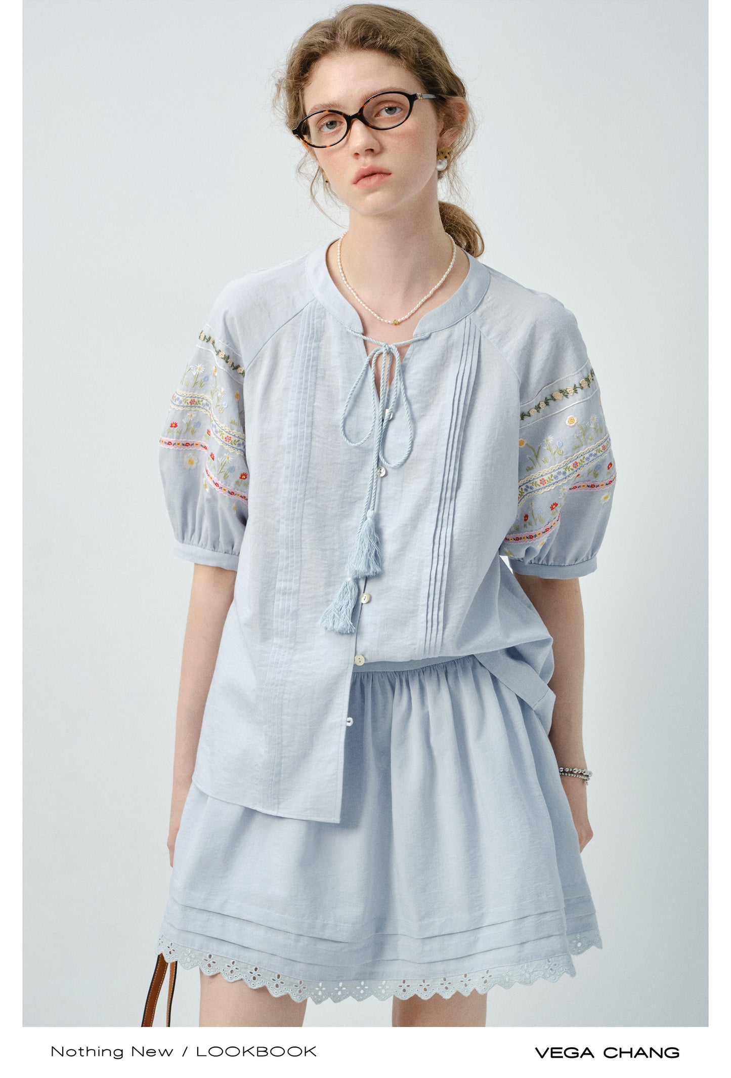 Floral-Embroidered Balloon-Sleeve Blouse & Matching Skirt