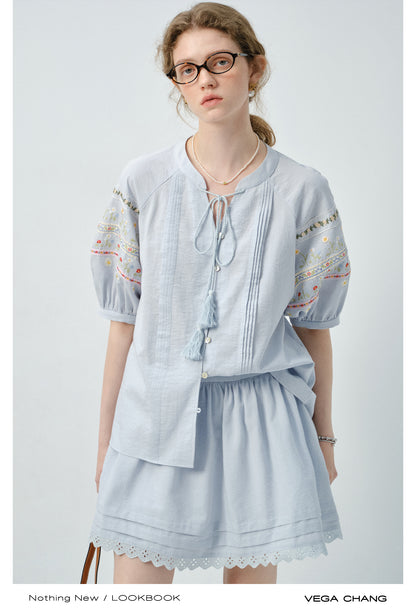 Floral-Embroidered Balloon-Sleeve Blouse & Matching Skirt
