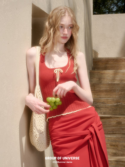 Two-Tone Pointelle Knit Halter Top