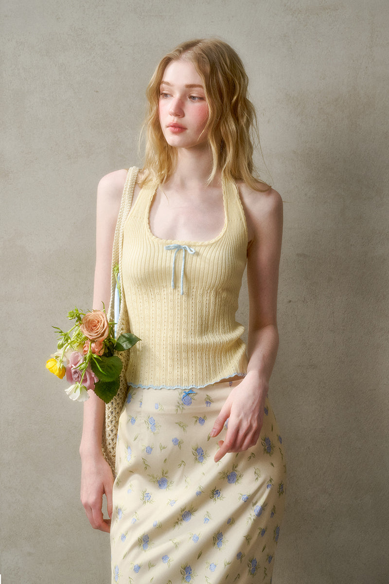 Two-Tone Pointelle Knit Halter Top