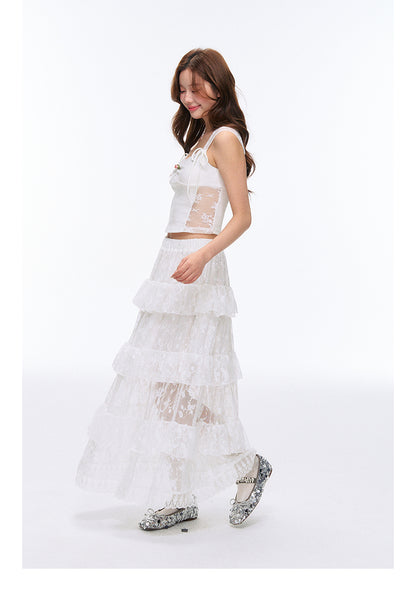 See-Through Lace Tiered Maxi Skirt