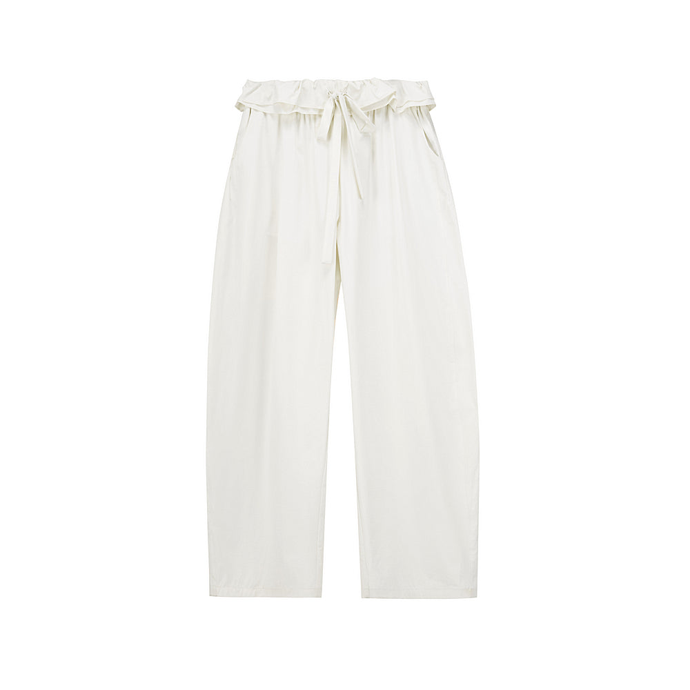 Ruffled Waist Wide-Leg Curved Trousers