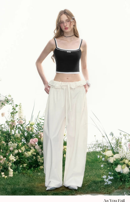 Ruffled Waist Wide-Leg Curved Trousers