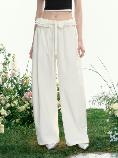 Ruffled Waist Wide-Leg Curved Trousers
