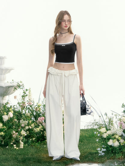 Ruffled Waist Wide-Leg Curved Trousers