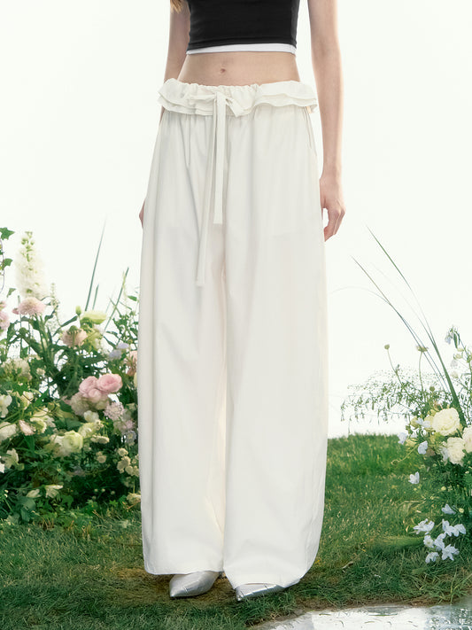 Ruffled Waist Wide-Leg Curved Trousers