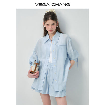 Ribbon-Cuff Shirt & Shorts In Lyocell-Nylon Blend