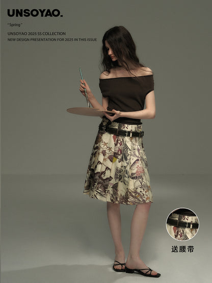 Botanical Midi Pleated Skirt With Belt