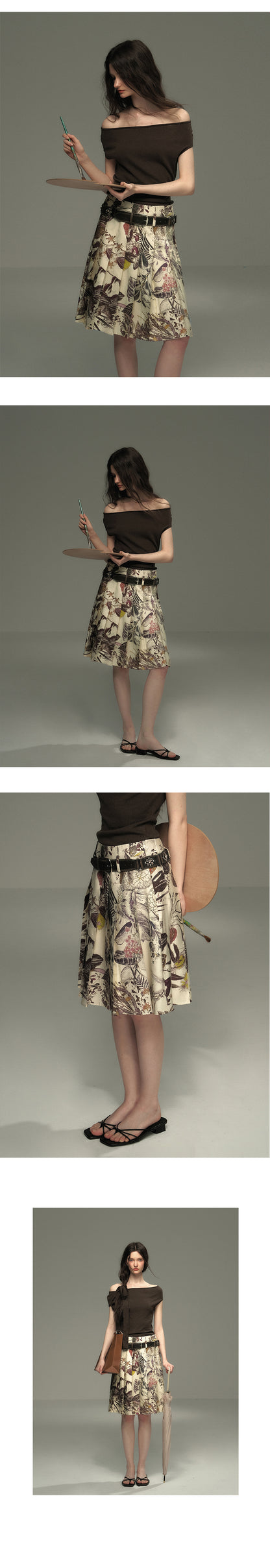 Botanical Midi Pleated Skirt With Belt