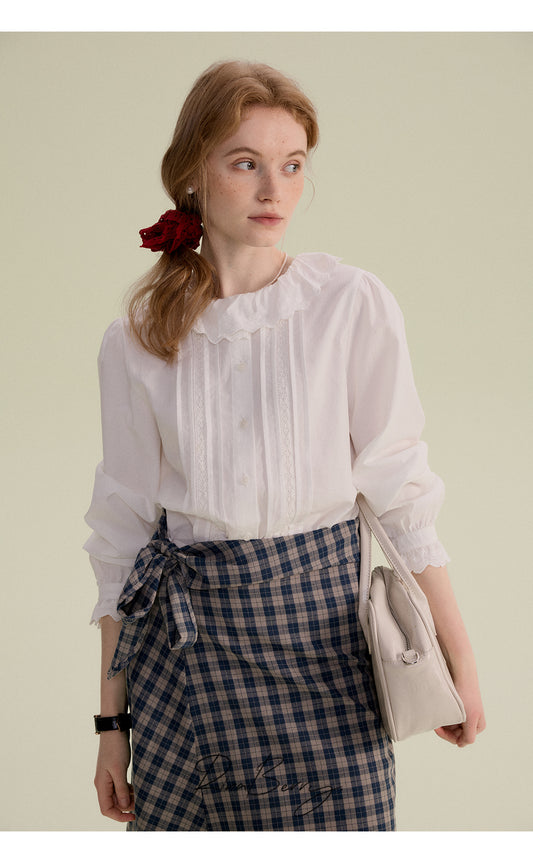 Scalloped Lace Collar Blouse With Pleated Front