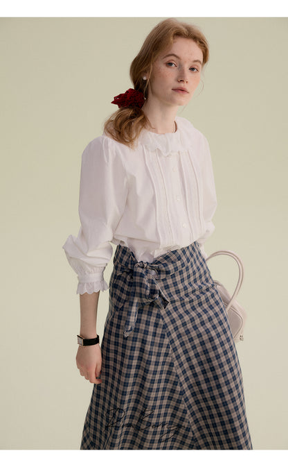 Scalloped Lace Collar Blouse With Pleated Front