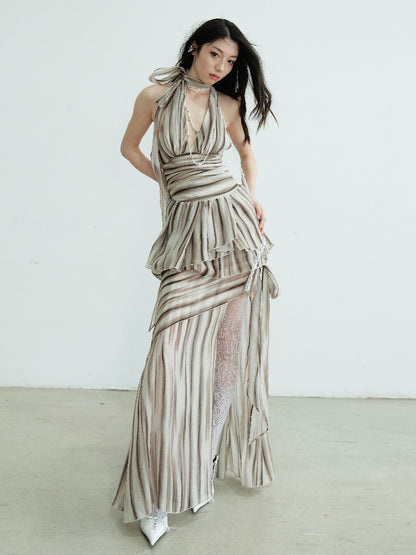 Striped Print Backless Halter Two-Piece Dress