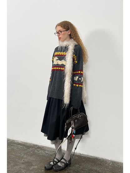 Shaggy Playful Patterned Knit Pullover