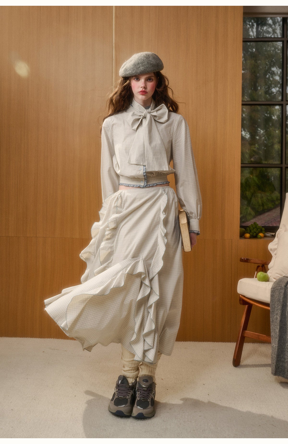 Check Ribbon Blouse & Ruffle Skirt