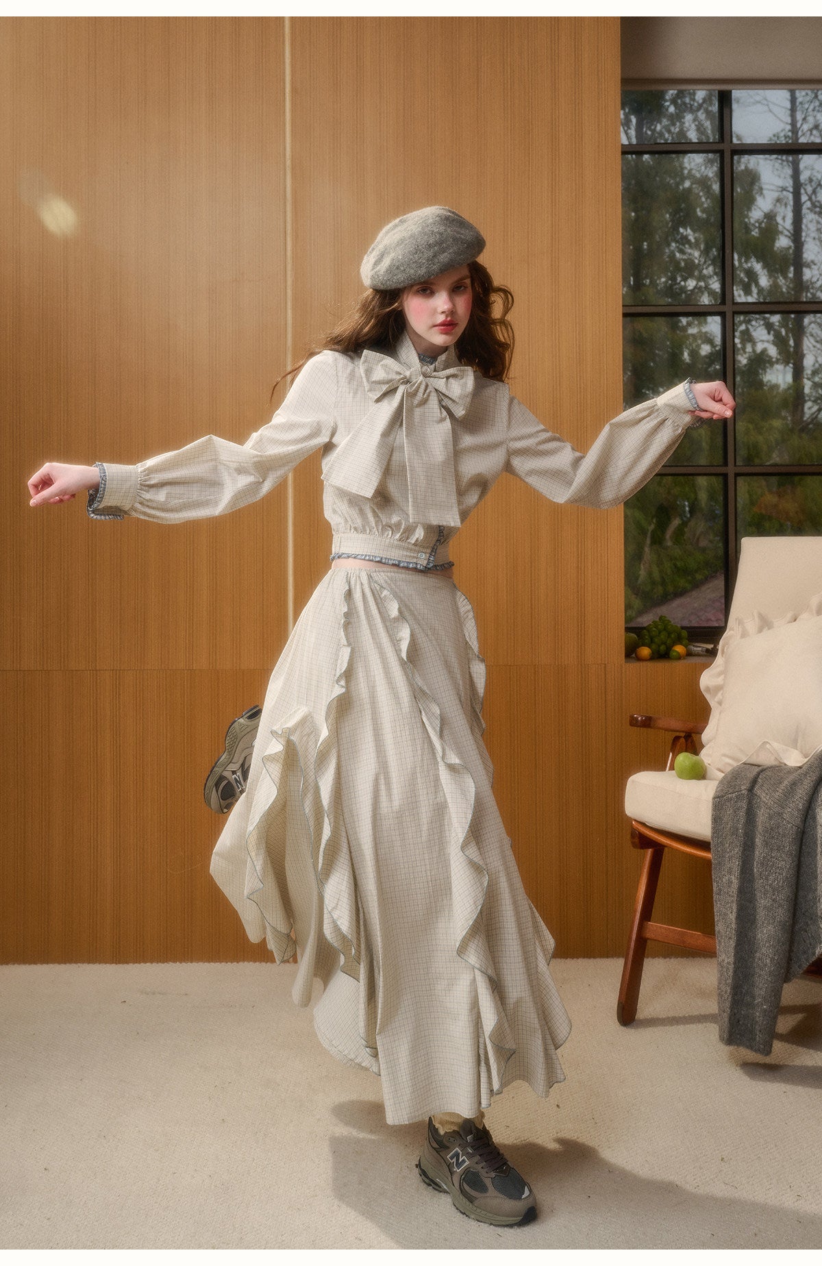 Check Ribbon Blouse & Ruffle Skirt