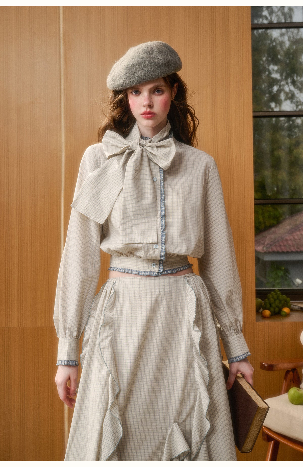 Check Ribbon Blouse & Ruffle Skirt