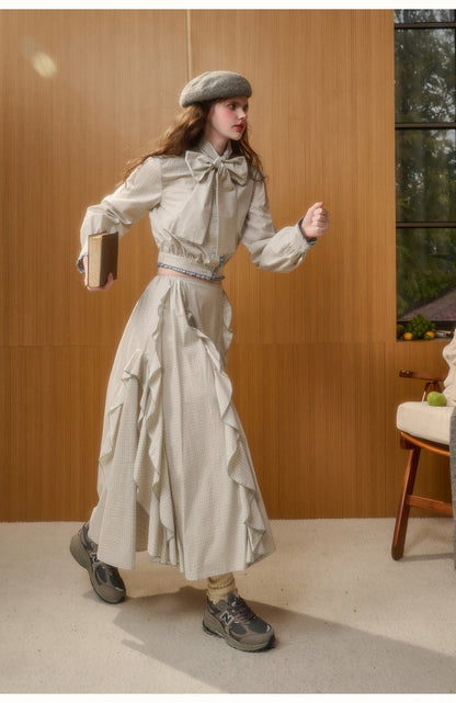 Check Ribbon Blouse & Ruffle Skirt