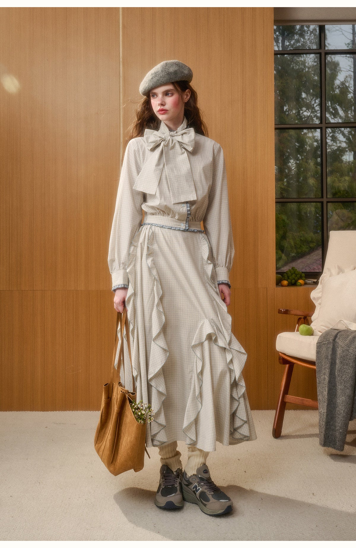 Check Ribbon Blouse & Ruffle Skirt