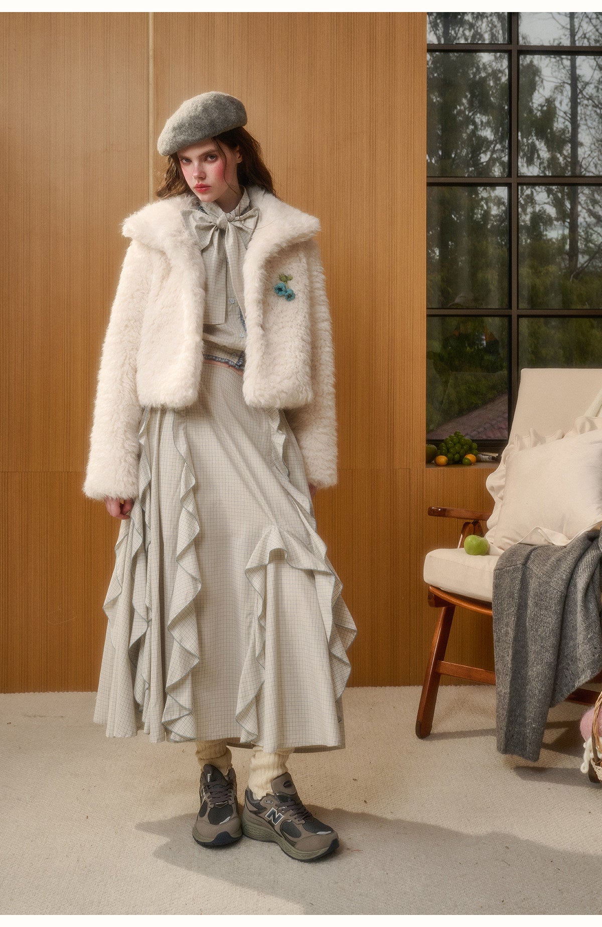 Check Ribbon Blouse & Ruffle Skirt