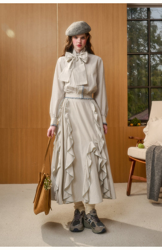 Check Ribbon Blouse & Ruffle Skirt