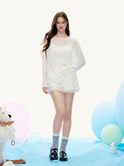 Lace-Trimmed Shorts With Ruffled Waist