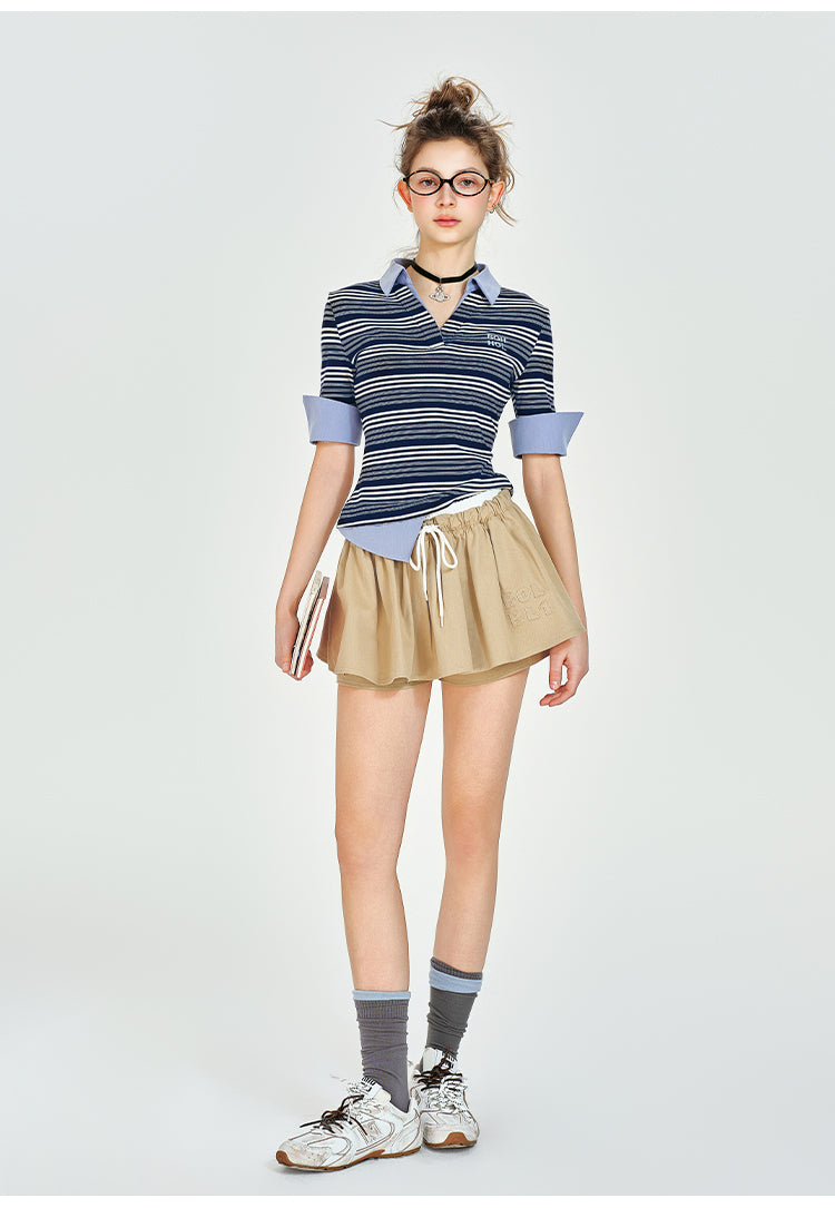 Striped Faux Layered Open Collar Shirt