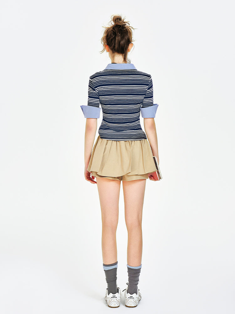 Striped Faux Layered Open Collar Shirt