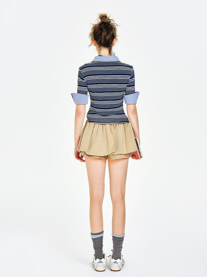 Striped Faux Layered Open Collar Shirt