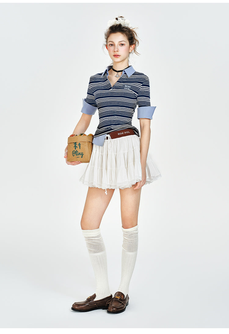 Striped Faux Layered Open Collar Shirt