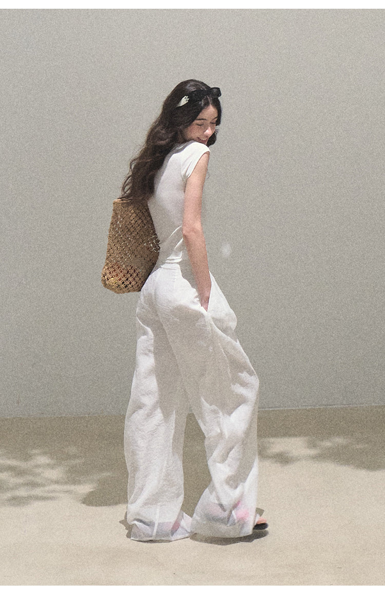 Pearlescent Wrinkled Organza Wide-Leg Trousers