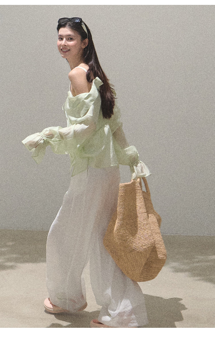 Pearlescent Wrinkled Organza Wide-Leg Trousers