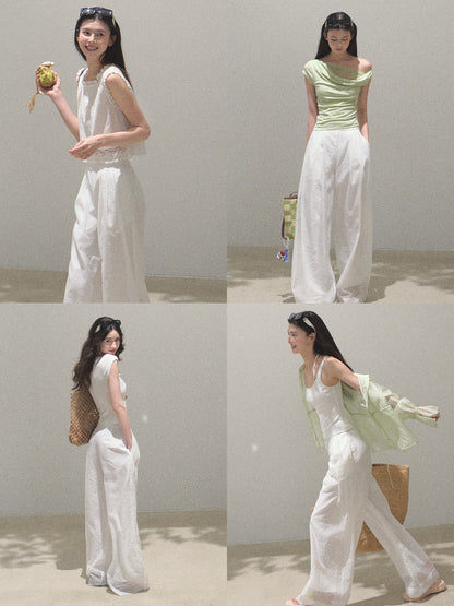 Pearlescent Wrinkled Organza Wide-Leg Trousers