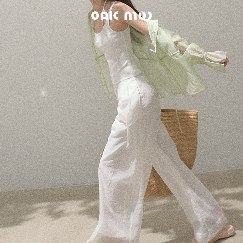Pearlescent Wrinkled Organza Wide-Leg Trousers