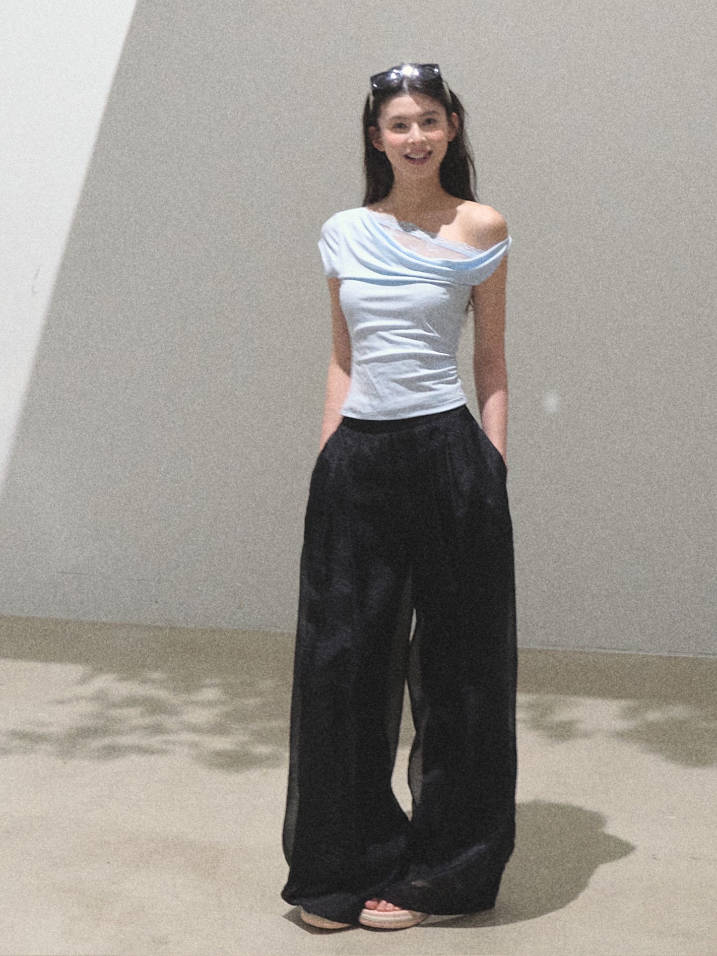 Pearlescent Wrinkled Organza Wide-Leg Trousers
