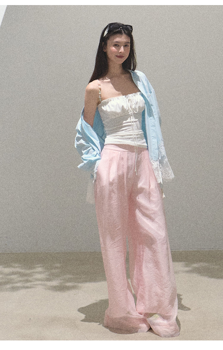 Pearlescent Wrinkled Organza Wide-Leg Trousers