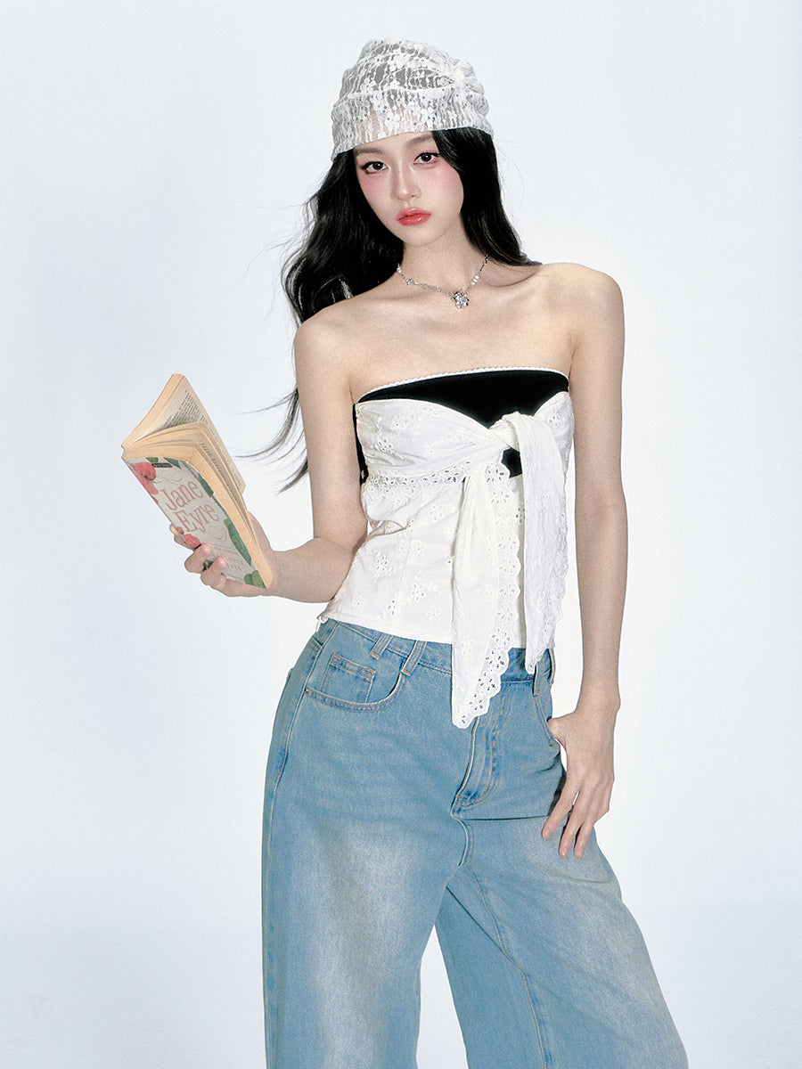 Cotton Lace Layered Tube Top With Tie Front