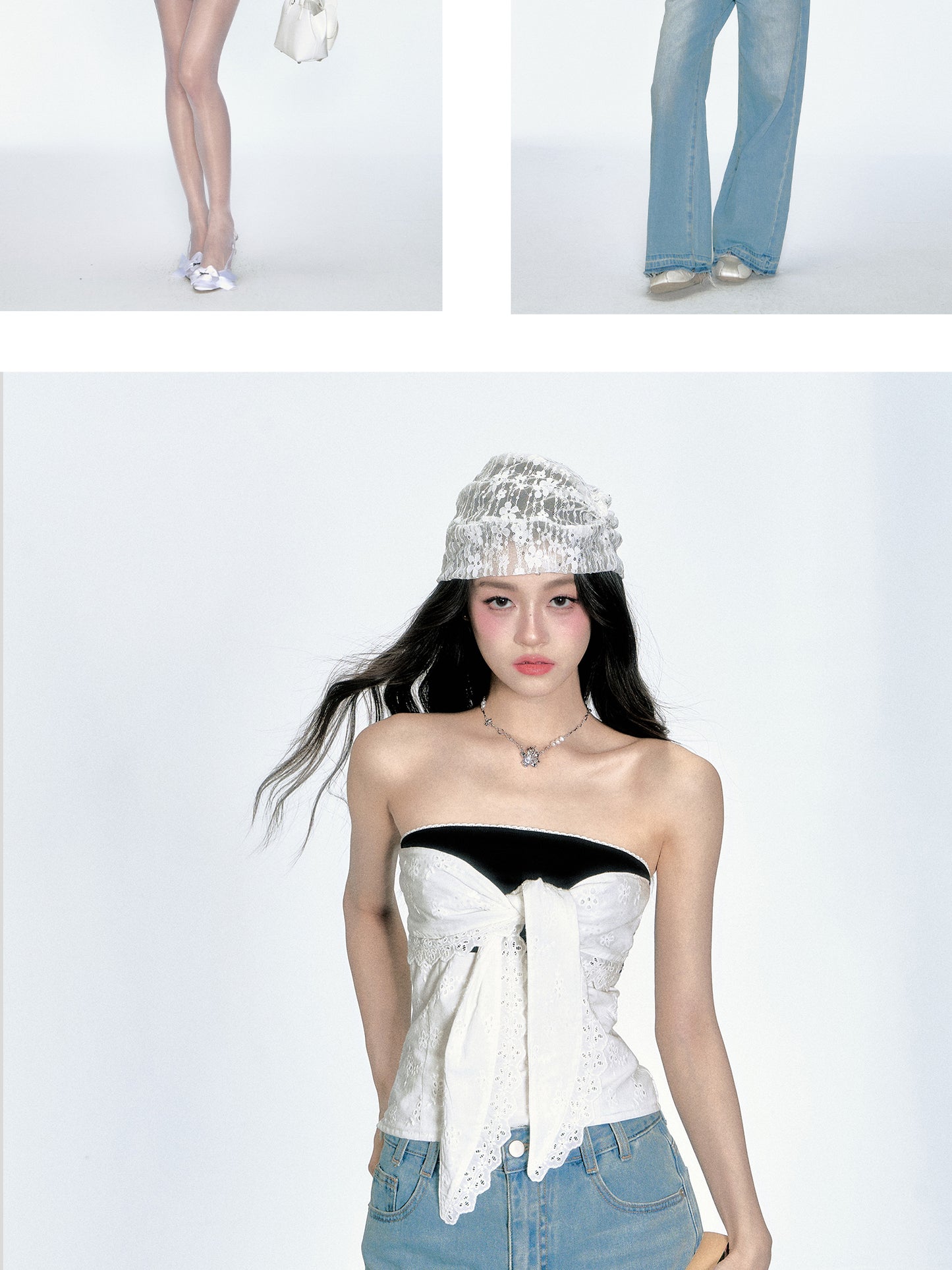 Cotton Lace Layered Tube Top With Tie Front