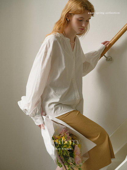 Collarless Lantern Sleeve Blouse