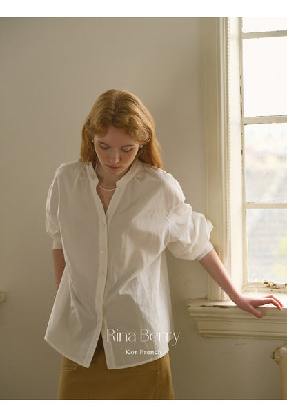 Collarless Lantern Sleeve Blouse