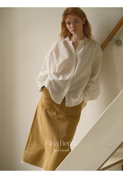 Collarless Lantern Sleeve Blouse