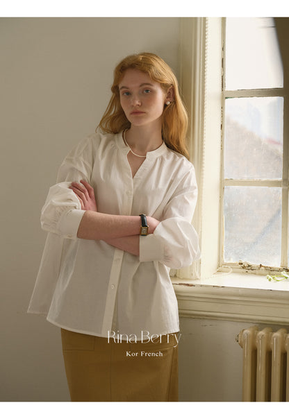 Collarless Lantern Sleeve Blouse