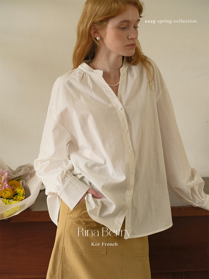 Collarless Lantern Sleeve Blouse