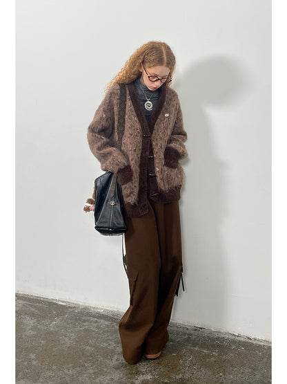 Oversized Leopard Patterned V-Neck Toggle Cardigan