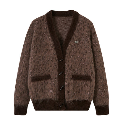 Oversized Leopard Patterned V-Neck Toggle Cardigan